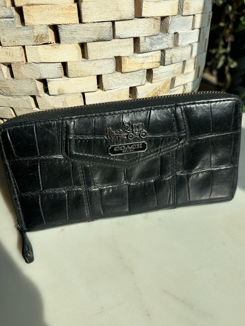 Coach Black Croc-Embossed Zip Wallet with Silver Logo